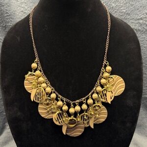 Unique Statement Pendant Bib Necklace Wood Tone Circles Beaded Boho Dangle 18 in